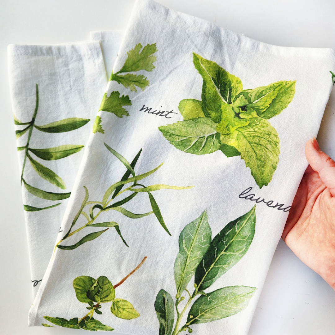 Herb Hand-Painted Watercolor Tea Towel