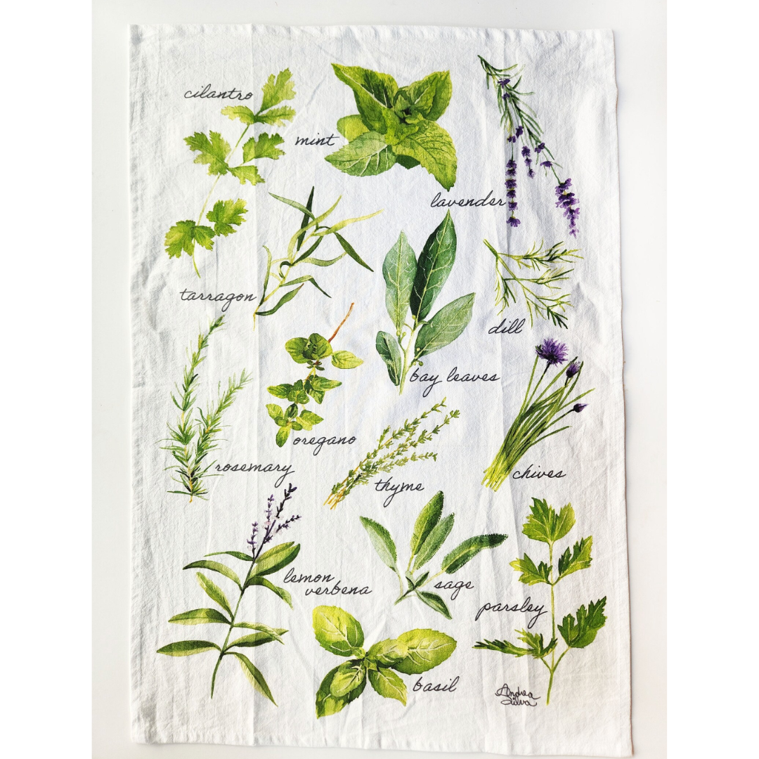 Herb Hand-Painted Watercolor Tea Towel